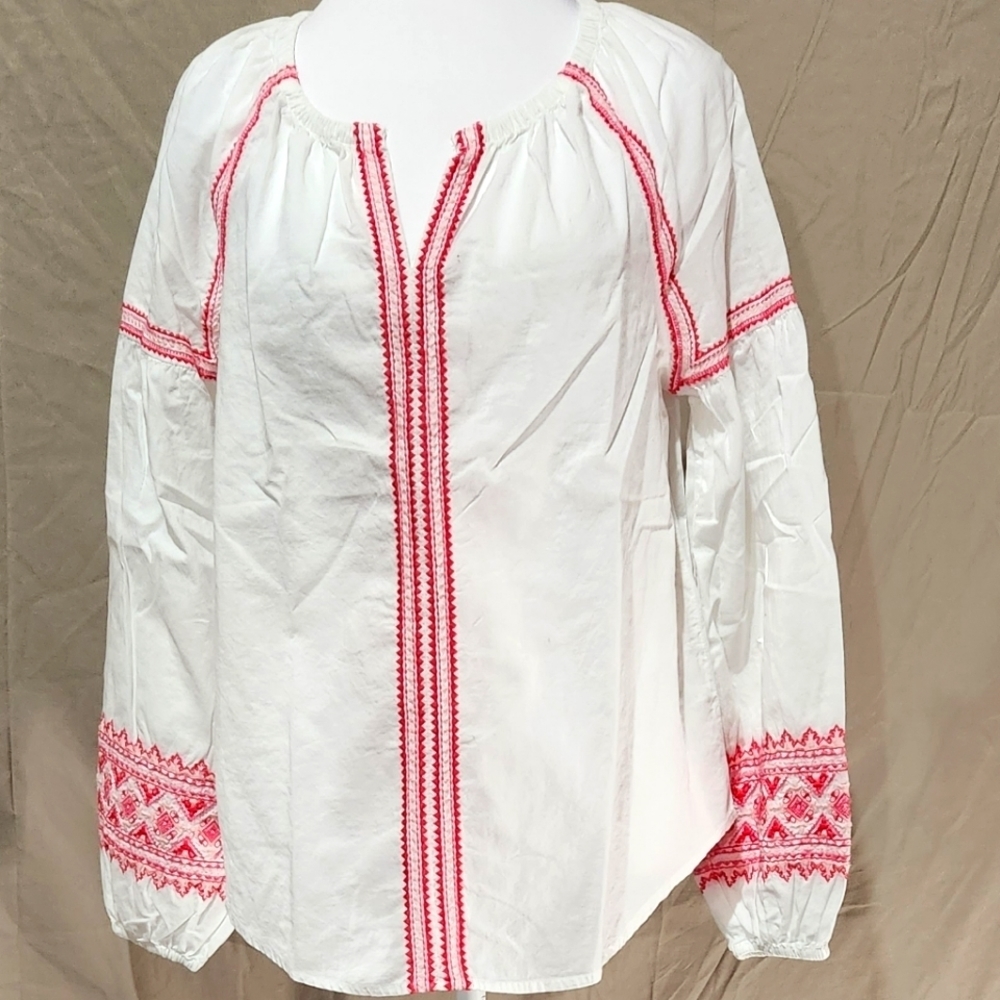 Gap XSP long sleeve white cotton peasant tunic with boho berry pink embroidery
